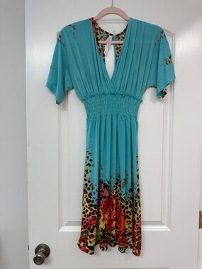 Cristinalove Aqua Blue Floral-Leopard Midi Dress